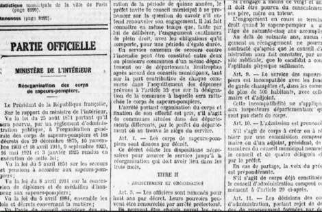 Le journal officiel n°193 du 19 aout 1925 indiquant la possibilité de constituer de corps intercommunaux de sapeurs-pompiers